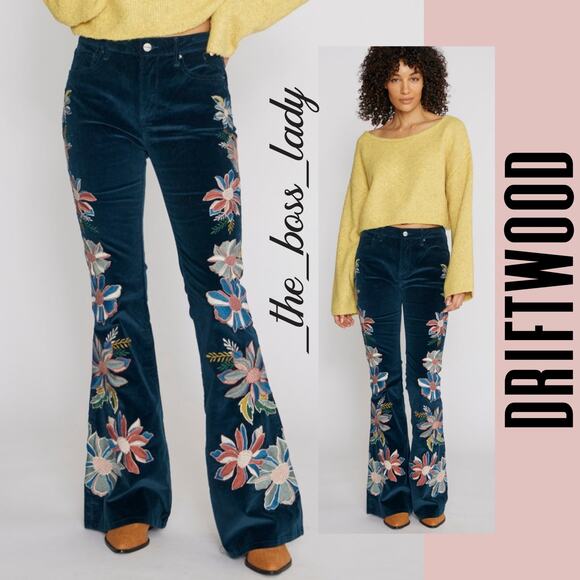Driftwood x Free People corduroy flare pants high waisted floral embroidery 26 - Picture 1 of 8